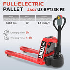 Full Electric Power Pallet Jack – Standard Duty Pallet Truck 3300 Lb Capacity, 48” L x 27” W Fork Size, Plug-in 48V/15A Lithium Battery – Max Lift Height 7.8 Inch - (US-EPT33K-FE)