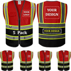 5 Pack Custom Mesh Safety Vest Customized Logo Class2 High Visibility Reflective Vest with Pockets Construction workwear（Red Black，4XL ）