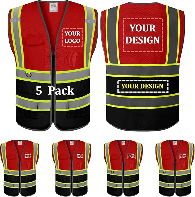 5 Pack Custom Mesh Safety Vest Customized Logo Class2 High Visibility Reflective Vest with Pockets Construction workwear（Red Black，3XL ）