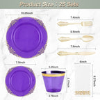175PCS Clear Purple Plastic Plates for 25 Guests, Disposable Plates with Gold Trim include 25 Dinner Plates, 25 Dessert Plates, 75 Gold Silverware, 25 Cups, 25 Napkins for Party, Wedding