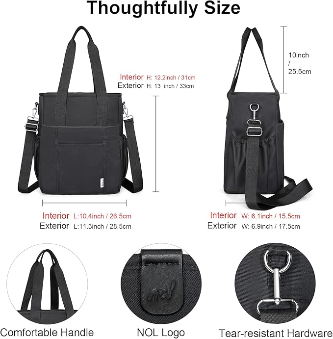 NOL Insulated Lunch Bag for Women, Large Spacious Lunch Tote Bag With Removable Adjustable Shoulder Strap with Multi Pockets,Leakproof Cooler Bag,Lightweight Nylon Waterproof Lunch Box For Work,Black
