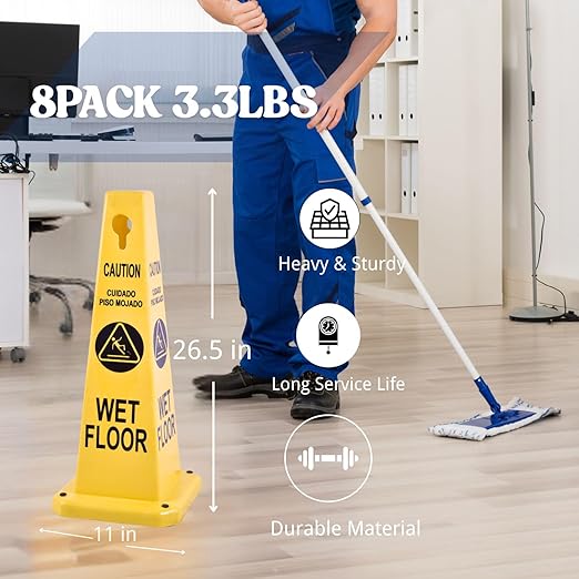 BESEA Caution Wet Floor Signs 8 Pack Heavy Duty Caution Cones to Avoid Slipping When Wet Sign, Yellow 4 Sides Bilingual Printing Avoid Fall Slip Accident for Indoors and Outdoors