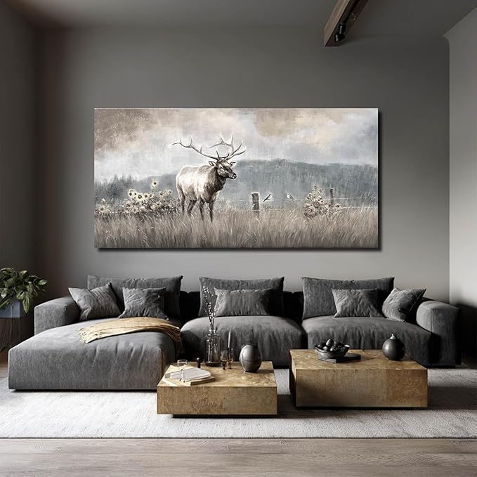 ZHENGYIN Extra Wide Panoramic Elk Canvas Wall Art,Western Deer Meadow Landscape Artwork, Neutral Misty Mountain Scene, Rustic Country Wall Decor for Great Room Living Room, Over Sectional, 29x58 Inch