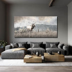 ZHENGYIN Extra Wide Panoramic Elk Canvas Wall Art,Western Deer Meadow Landscape Artwork, Neutral Misty Mountain Scene, Rustic Country Wall Decor for Great Room Living Room, Over Sectional, 29x58 Inch