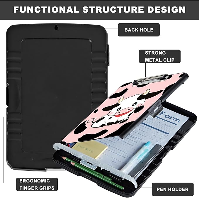 Clipboard with Storage,Storage Clipboard with Pen Holder,Heavy Duty Plastic Storage Clipboard with Low Profile Clip, Clipboard Folder, Teacher Must Haves, Office Supplies,Cute Cows Pink