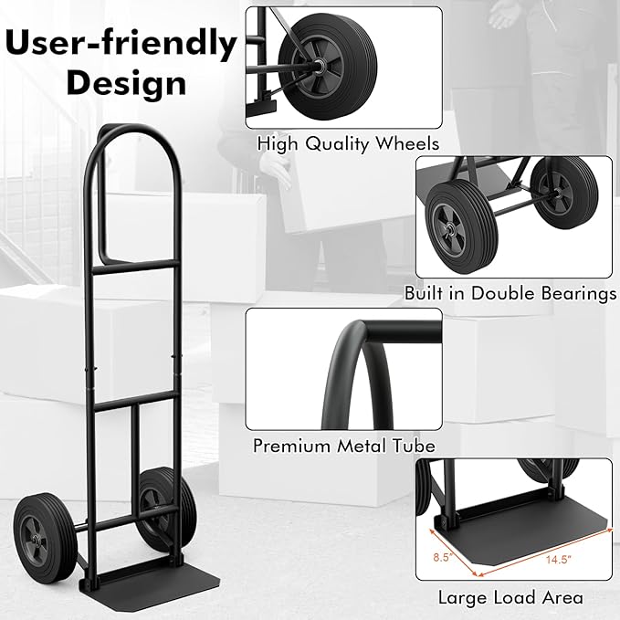 Goplus Hand Truck, P-Handle Hand Truck Dolly with Vertical Loop Handle, 10” Wheels, 15” x 9” Foldable Nose Plate, 660 LBS Capacity, Heavy Duty Metal Dolly Cart for Lifting, Moving, Delivery, Stairs