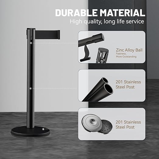 6-Pack Black Stanchion Posts with Retractable Belts, Hollow Sand-Fillable Base for Maximum Stability, Crowd Control Queue Barriers for Theaters, Parties, Weddings, Exhibitions