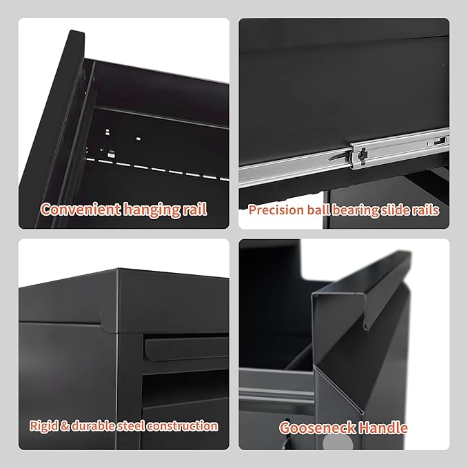 4 Drawer Locking File Cabinet with Wheels,Black Metal Mobile Filing Cabinets,Vertical File Cabinet for Home Office,Rolling Storage Cabinet for A4/Letter/Legal Size File,Assembly Required