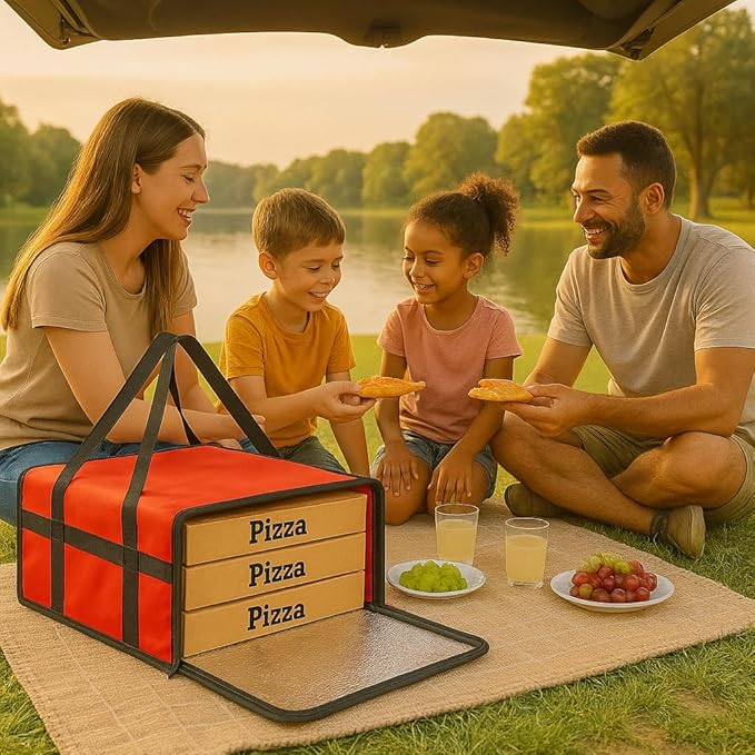 Bodaon Insulated Food Delivery Bag 16" x 16" x 6" – Compact Pizza Bag Holds Up to 3 Pizza Boxes, Foldable Thermal Carrier Cooler for Commercial Food Delivery Staff, Red