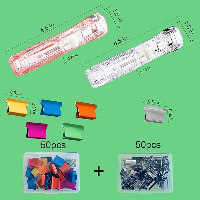 Reusable Portable Paper Clam Clip Dispenser - 40 Sheet Capacity, 2pcs Dispenser with 100 Refill Clips (50 Silver + 50 Color) for Home, School, Office (Pink and White)