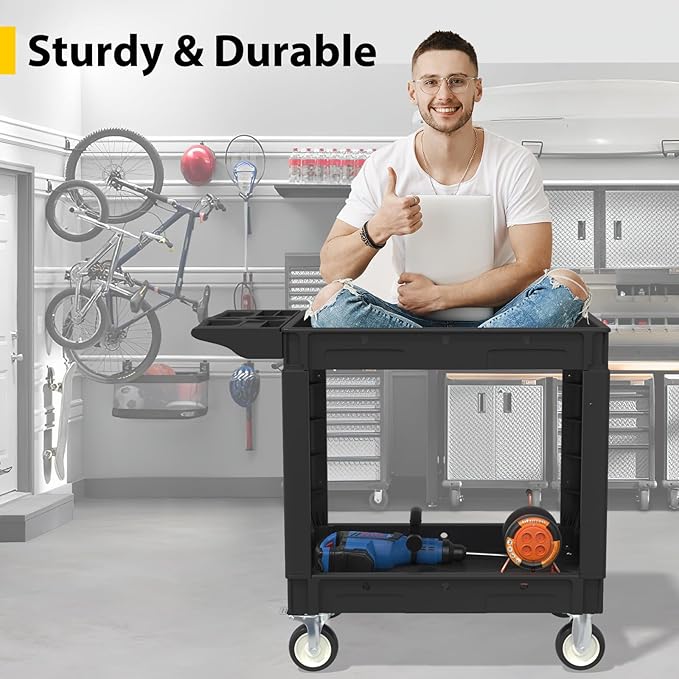 Heavy Duty Utility Rolling Tool Cart, 550 lbs Capacity Utility Service Cart with Two Trays and Wheels, 40 x 17-Inch Rolling Service Carts Huge Storage, Garage, Warehouse, Workshop, Black
