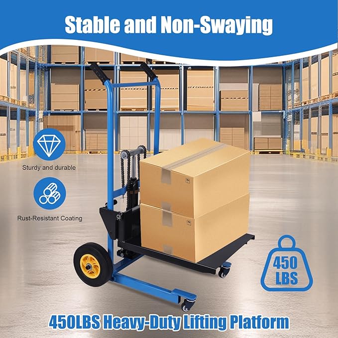 Hydraulic Material Lift Pallet Truck, Pallet Jack Table Cart with Swivel Casters and Cover, 450 Lbs Manual Forklift Material Stacker for Construction Warehousing and DIY Projects