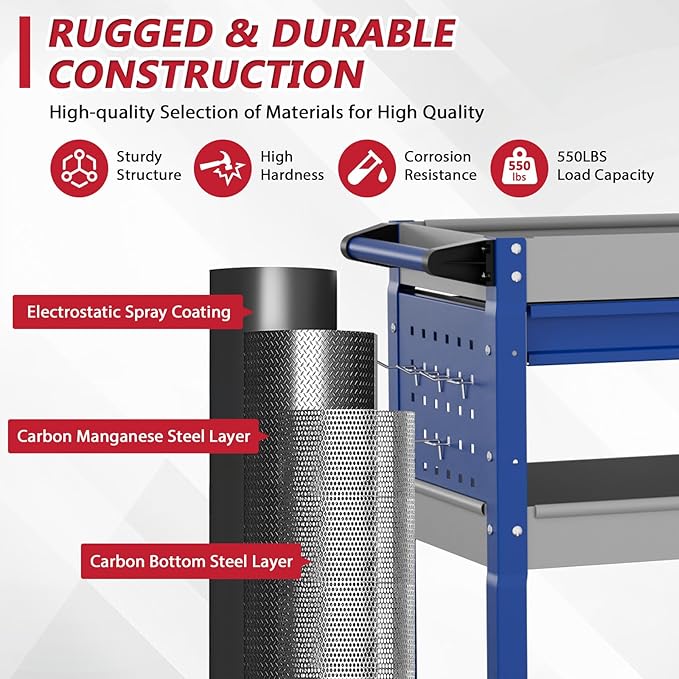 3 Tier Rolling Tool Cart on Wheels, Heavy Duty Industrial Utility Cart Service Cart with Drawer and Screwdriver Rack Pegboard, 550 LBS Mobile Tool Storage Organizer for Workshop, Garage(Gray-Blue)
