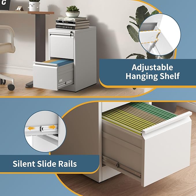 2 Drawer File Cabinet with Lock, Vertical Filing Cabinets for Home Office, Metal Storage Cabinets, Heavy Duty File Cabinet for Letter/Legal/A4/F4 Size Amssebly Required, White