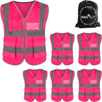 Safety Reflective Work Vest 6 Pack for Men and Women with 8 Pockets and Zipper High Visibility Construction Outerwear