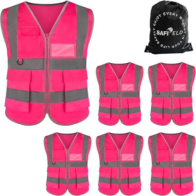Safety Reflective Work Vest 6 Pack for Men and Women with 8 Pockets and Zipper High Visibility Construction Outerwear