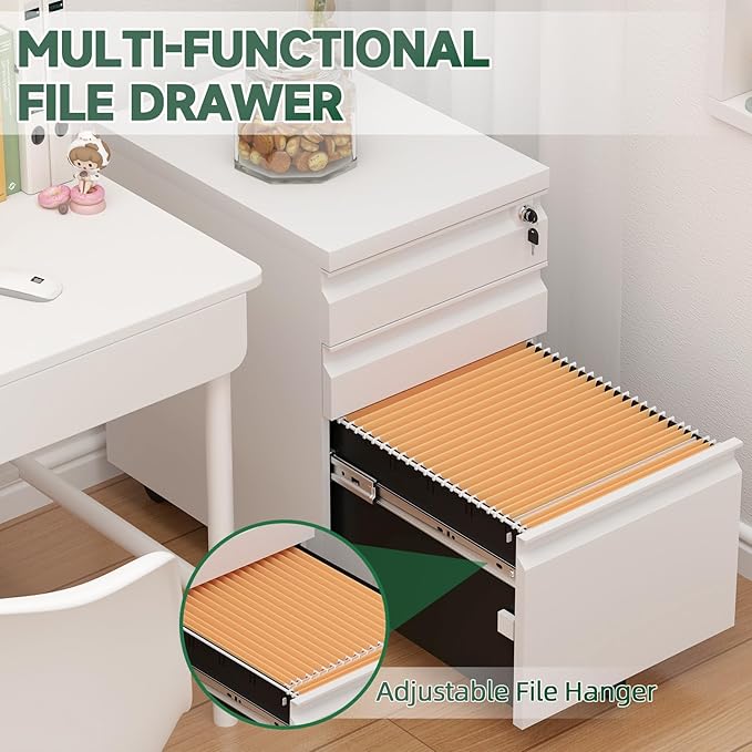 3 Drawer File Cabinet on Wheels,25.6" H White Filing Cabinet with Lock,Under Desk Metal File Cabinet for Home Office Organizer Letters/Legal/A4(Assembly Required)