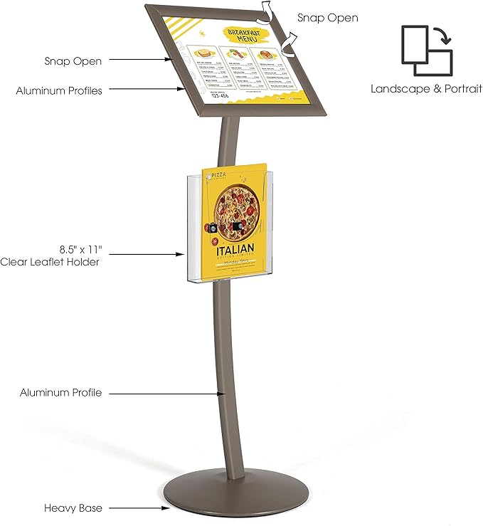 M&T Displays Curved Menu Board 11x17 Inch Pedestal Sign Holder with 8.5x11 Inch Brochure Holder Earth Color Floor Standing Aluminum Front Loading Easy Open Poster Message Advertisement Post