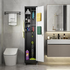Aobabo 72" H Broom Closet Storage Cabinet, Lockable Metal Cleaning Storage Cabinet with Hooks for Home, Assembly Required Black Gray