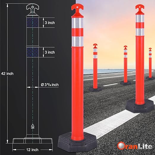 Traffic Delineator Post Cones with Heavy-Duty Octagonal Rubber Base, Channelizer Post Kit for Road Construction Work, Traffic Guidance, Garage Parking, Crowd Control (3, 42")