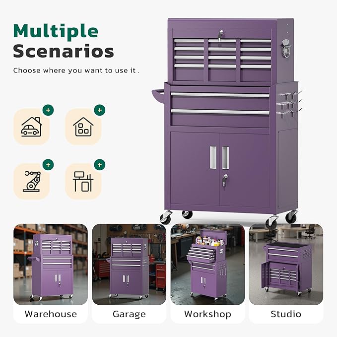Greenvelly 8-Drawer Rolling Tool Chest, Metal Tool Chest with Wheels, Tool Cabinet with Detachable Top Tool Box, Metal Tool Cart with Liner & Hooks for Garage, Workshop, Warehouse (Purple)