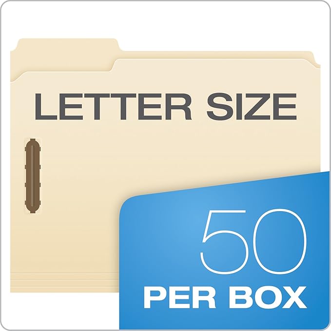 Pendaflex Fastener Folders, 2 Fasteners, Letter Size, Manila, 1/3 Cut Tabs, in Left, Right, Center Positions, 50 Per Box (FM213)