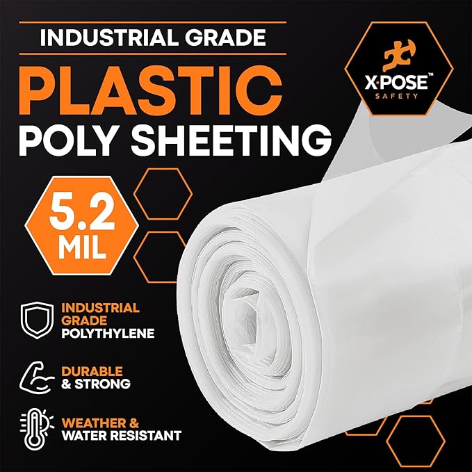 Xpose Safety Clear Plastic Sheeting (Bulk Half Pallet 25 Pack) – 12' x 100' Rolls – Heavy Duty 5.2 Mil Poly Sheet – Waterproof, Dustproof, Vapor Barrier – for Construction, Painting, Industrial Use