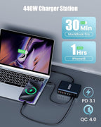 USB C Charger Block 440W Charging Station Hub,8 Port GaN III Fast Charging Brick with 5ft Extension Cord,PD PPS 100W Laptop Power Adapter for MacBook Pro/Air,iPhone 17/16,Samsung Galaxy,Dell