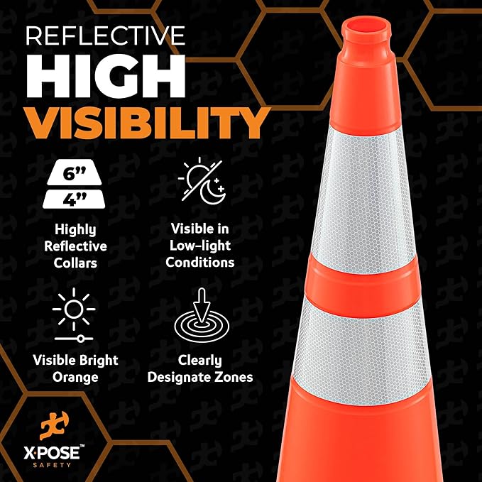 Xpose Safety 36 Inch Orange Traffic Cones with 6" & 4" Collars, 4-Pack - Multipurpose PVC Plastic Safety Cone for Parking, Soccer, Caution, Kids and Construction - DOT Approved