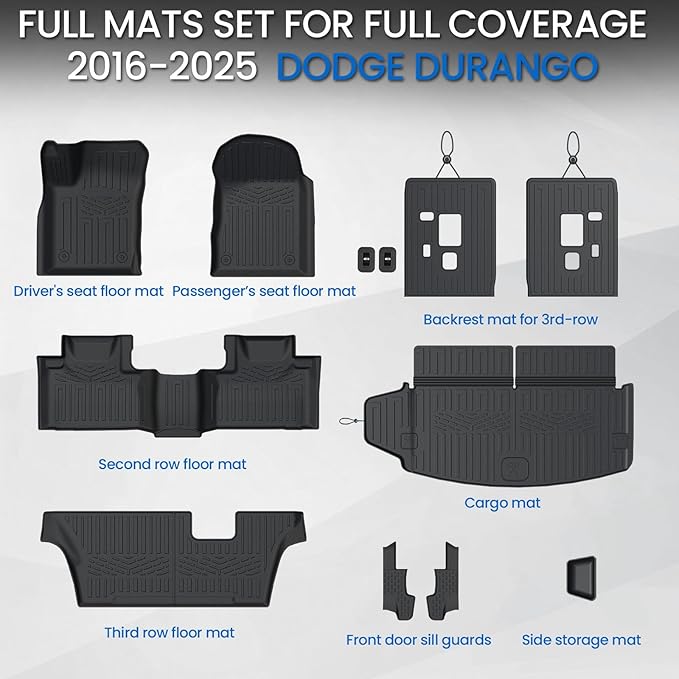 Floor Mats Set for 2016-2026 Dodge Durango (Only for 7 Seats with Bench Seats), All Weather TPE Backrest Mat Trunk Mat Cargo Liner Door Sill Guards Accessories (7 Seats Floor Mats Set)