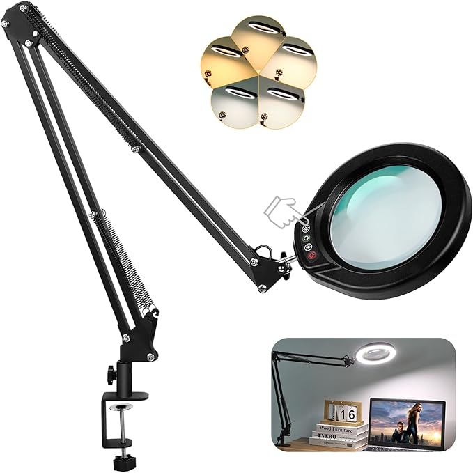 VEEMAGNI 5 Inch Large Magnifying Glass with Light and Stand, 5 Color Modes Stepless Dimmable, 2*16 Inch Swivel Arm LED Clamp Desk Lamp, Hands Free 12X Lighted Magnifier for Close Work Crafts Soldering