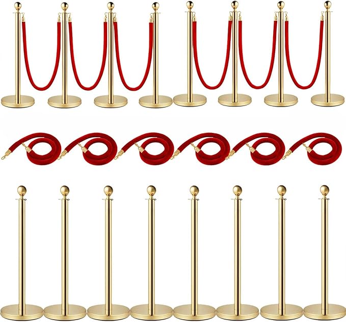 8PCS Gold Stanchion Posts with 5FT Red Velvet Ropes, Stainless Steel Crowd Control Barriers with Ball Tops, Elegant Queue Stanchions for Red Carpet, Party, Wedding, Theater & Exhibition