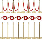 8PCS Gold Stanchion Posts with 5FT Red Velvet Ropes, Stainless Steel Crowd Control Barriers with Ball Tops, Elegant Queue Stanchions for Red Carpet, Party, Wedding, Theater & Exhibition