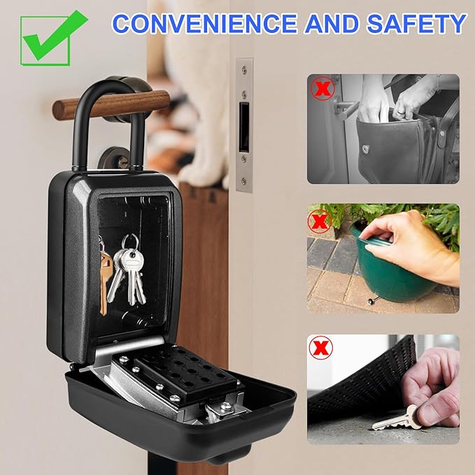 Key Lock Box, 12-Digit Code, Weatherproof Wall Mount, Large Capacity 5-8 Keys, Aluminum Alloy (Silver, 3.58 * 2.24 * 7.8IN with Shackle)