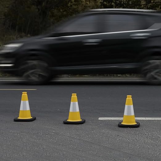 6 Pack 12" Inch Yellow PVC Traffic Cones with Heavy-Duty Base, High-Visibility All-Weather Safety Cones for Road Construction, Parking Lot, and Garage Use (6, Yellow, 12" Small)