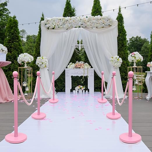 Ferraycle 6 Pcs Stainless Steel Stanchions Post Queue 38 Inch, 5 ft Velvet Rope Carpet Ropes and Pole, Control Barriers for Wedding Birthday Party Decoration Sand Injection Hollow Base Set (Pink)