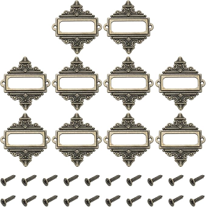 uxcell 10 Pcs Metal Label Holder, 2.2 x 2.4 Inch Small Vintage Card Frame Tag Floral Lace Label Holder with Screws for File Boxes Drawers Door Cabinet Book Shelves, Bronze Green