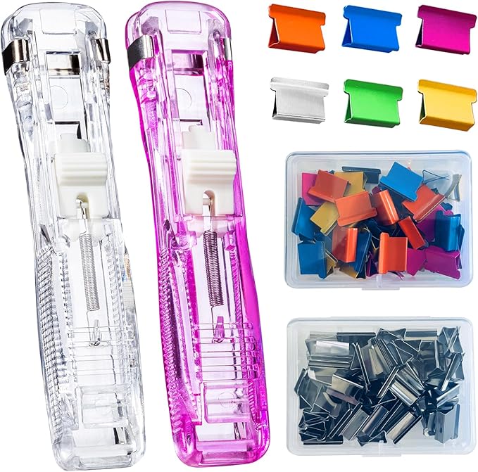 Reusable Portable Paper Clam Clip Dispenser, 40 Sheet Capacity-2Pcs, 100 Metal Refill Clips (50 Silver + 50 Color) for Home School Desk Office (Purple and White)