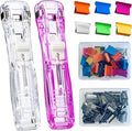 Reusable Portable Paper Clam Clip Dispenser, 40 Sheet Capacity-2Pcs, 100 Metal Refill Clips (50 Silver + 50 Color) for Home School Desk Office (Purple and White)