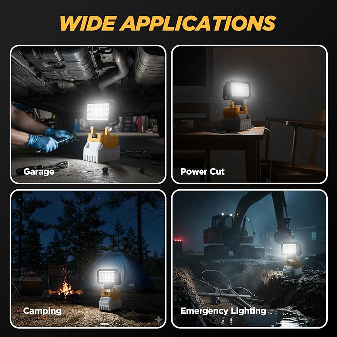 2Pack 6000 Lumen LED Work Light Compatible with Dewalt 20V Max Battery, Cordless Jobsite Flood Light with Dual USB-A Charging Ports, Bright Portable Outdoor Flashlight (Battery Not Included)
