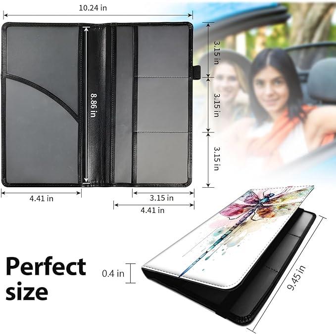 Car Registration and Insurance Holder, Leather Car Glove Box Organizer, Cool Car Accessories for ID, Driver's License Cards & Essential Document,business cards,Men&Women,Color Dragonflys