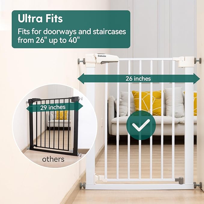 BABELIO Safety Gate Door Fits for Stairs, Narrow and Wide Doorways with Auto Close, Easy Install, No Drilling, Pressure Mounted for Baby, Child, Pets, Dog/Puppy, 26''-40'', White