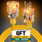Lighted End Heavy Duty Outdoor Extension Cord Waterproof -16AWG, 3 Prong, 15A, 1875W, Flexible Yellow Power Extension Cord for Outsides, 6ft