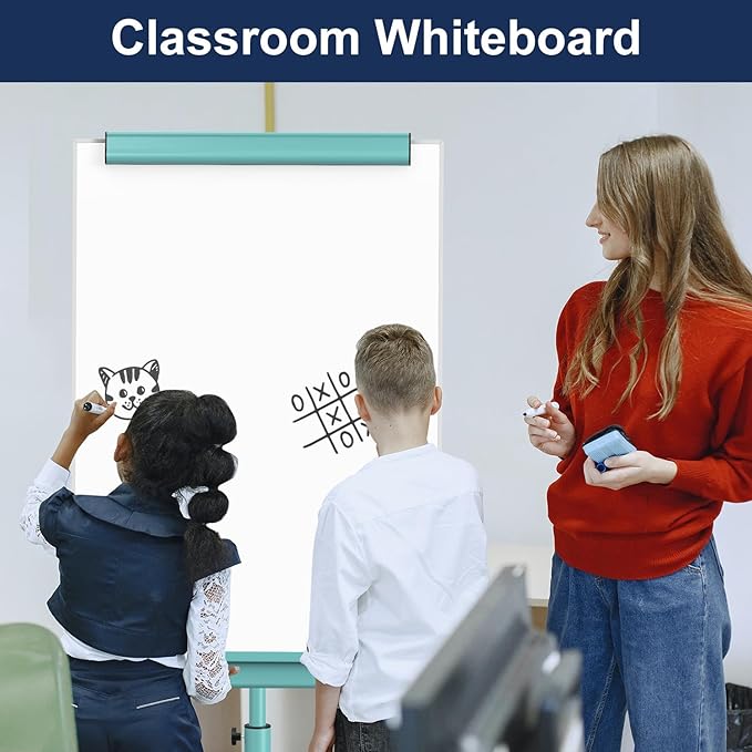 TSJ OFFICE Mobile Whiteboard Magnetic - 40 x 26 Inches Dry Erase Board on Wheel with Stand Flipchart Easel Height Adjustable,Light Blue