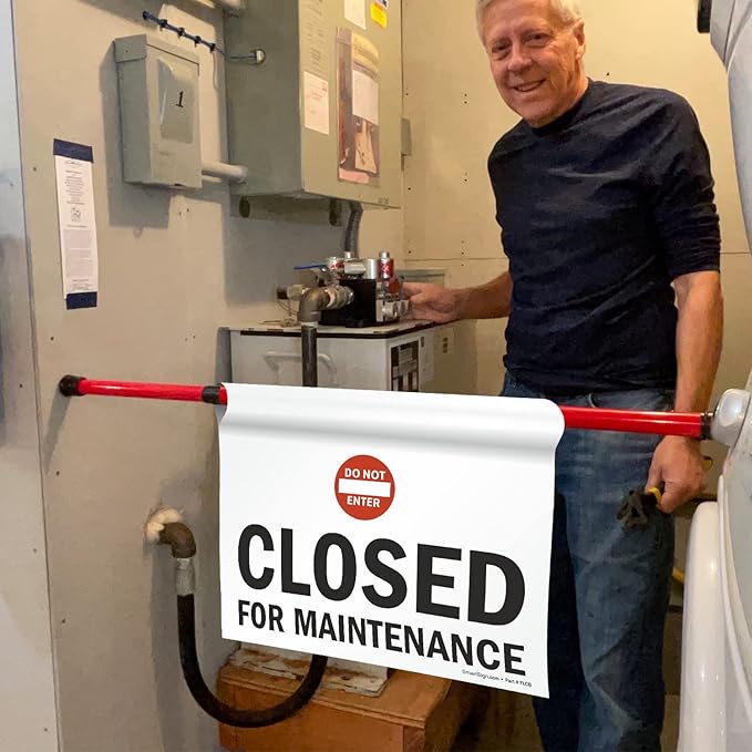SmartSign "Closed For Maintenance" Hanging Doorway Barricade Sign with Do Not Enter Symbol, Spring-loaded Adjustable Aluminum Pole & 11.25" x 18" Vinyl Sign Kit, Black/White/Red, USA-Made