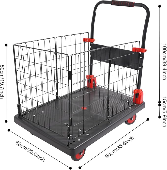 Heavy Duty Foldable Hand Truck, 660 LBS Capacity Heavy Duty Folding Cart, Removable Mesh Cage & Platform Cart, for Commercial Warehouse, Office, Yard