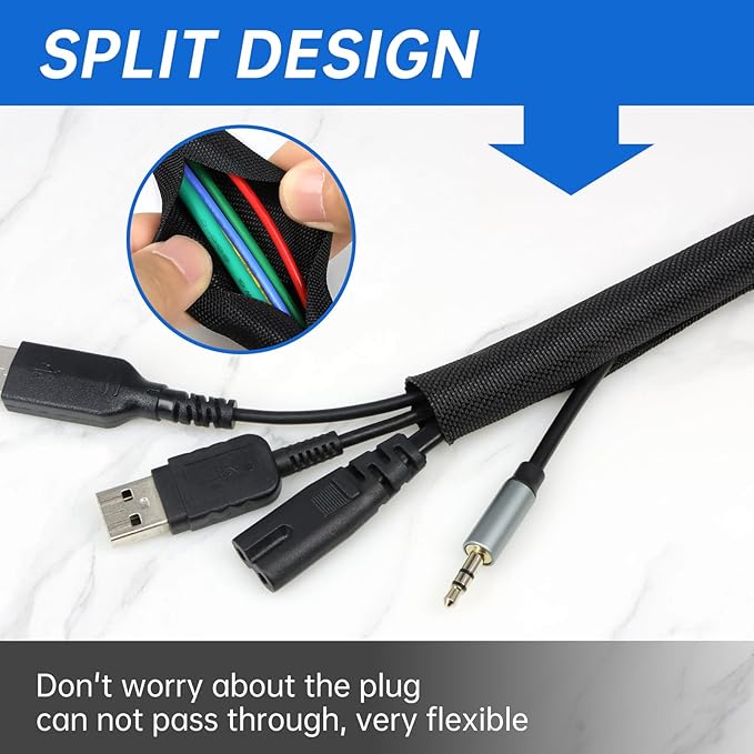 Split Braided Cable Sleeve，Flexible Wire Loom Tubing, Automotive Cord Protector Pet Proof, Cable Management for Computer TV Electric Wires Harness 16ft (Black, 8mm（5/16")