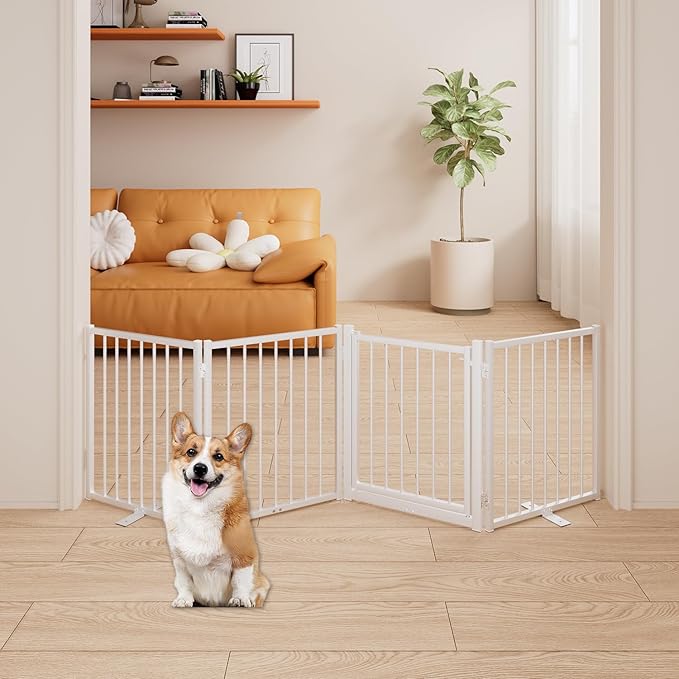 4 Panels Full Metal Freestanding Dog Gates with Door, 80” W x 24” H Folding Pet Gate Fence with Support Feet for Indoor,Stairs, Hallways and Doorways(White)