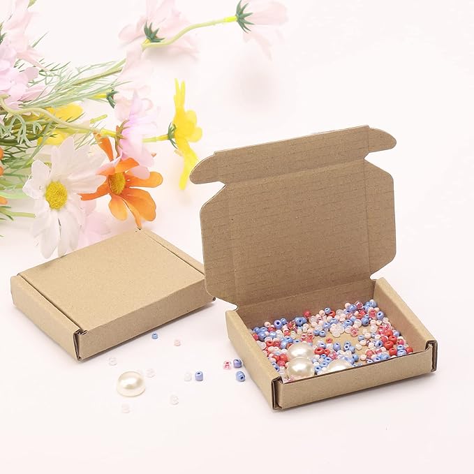 Ellbest 50pcs Packing Boxes 1.5mm Thick Cardboard, 3.4 x 2.6 x 0.7inches Mini Kraft Brown Box for Stationery, Paper Clips, Pins, Mini Ornaments