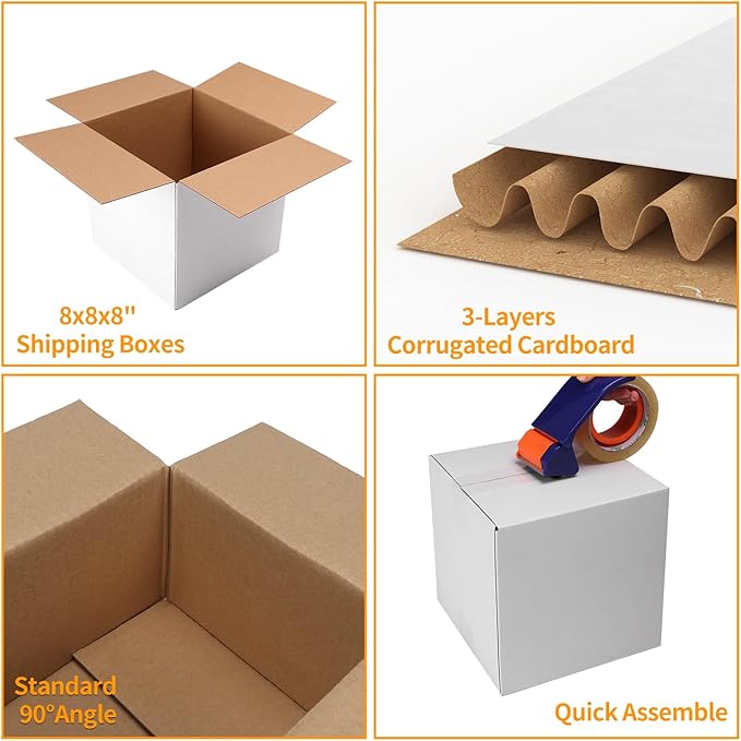 PETAFLOP 8x8x8 Shipping Boxes Set of 25, Small White Cardboard Mailer Box for Packing, Mailing, Business